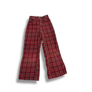 Vintage 1970s Kids Red Tartan Plaid Corduroy Pants Elastic Waist Size 6